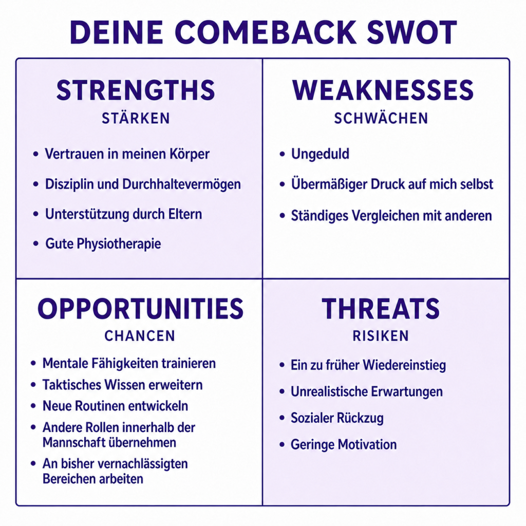 Eine Comeback Swot Matrix eingeteilt nach 4 Faktoren: Strenghts, Weaknesses, Opportunities und Threats
